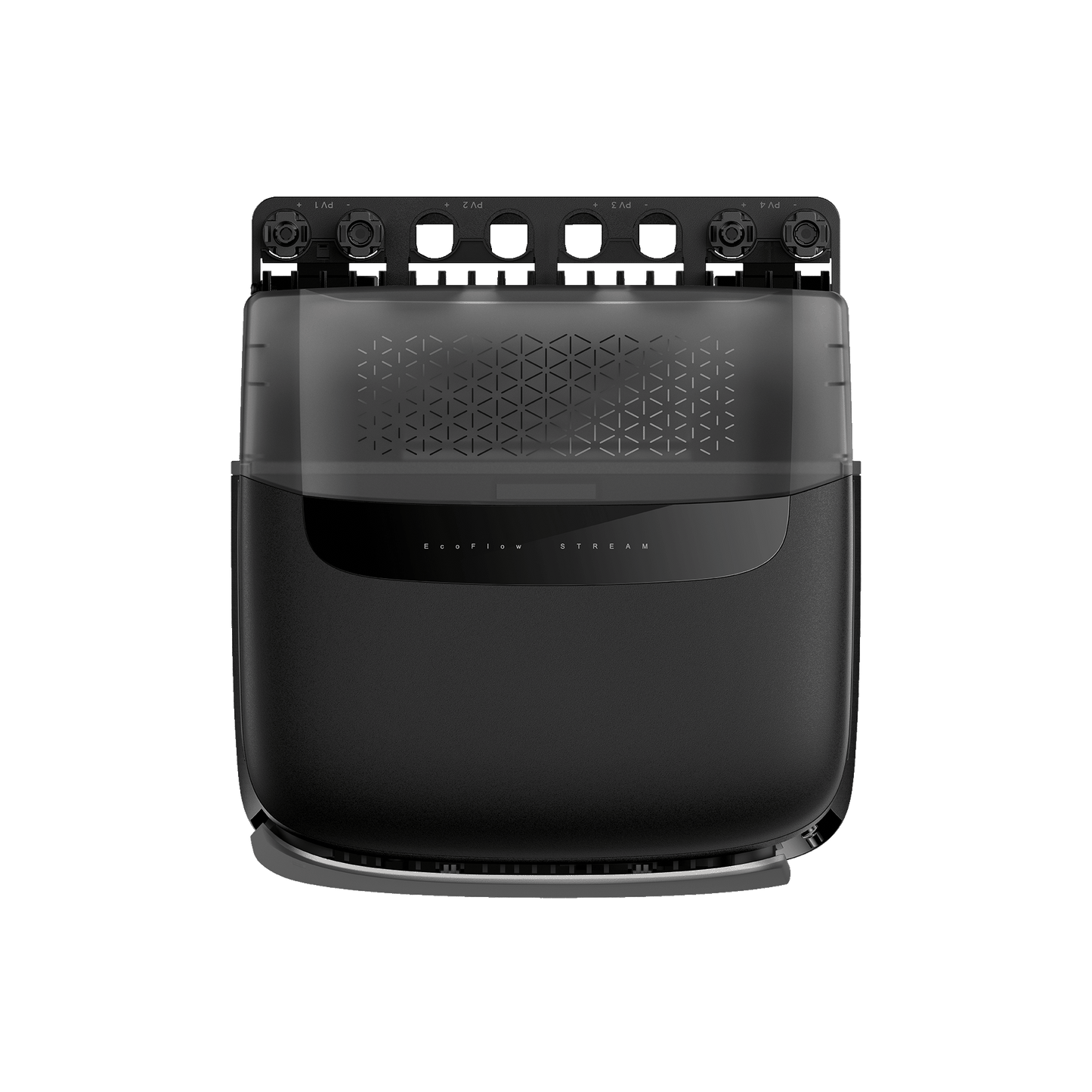 EcoFlow Stream Batterie mit schwarzem Gehäuse und transparentem Deckel mit Muster