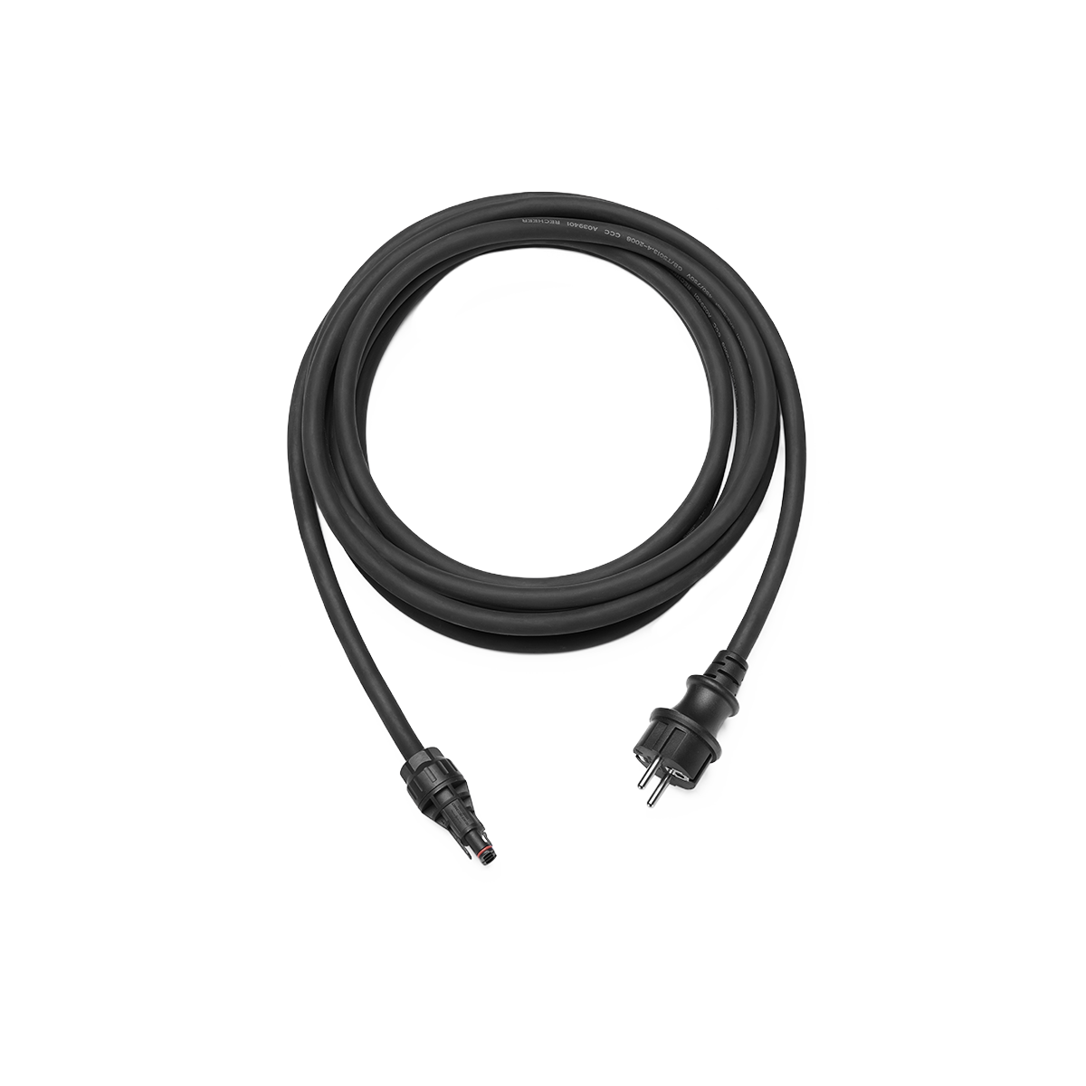 Schwarzes EcoFlow AC Kabel mit Winkelstecker und rundem Anschluss, sauber aufgewickelt