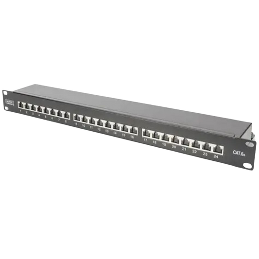 DIGITUS CAT 6A Patchpanel mit 24 RJ45 Anschlüssen für strukturierte Netzwerkinstallationen