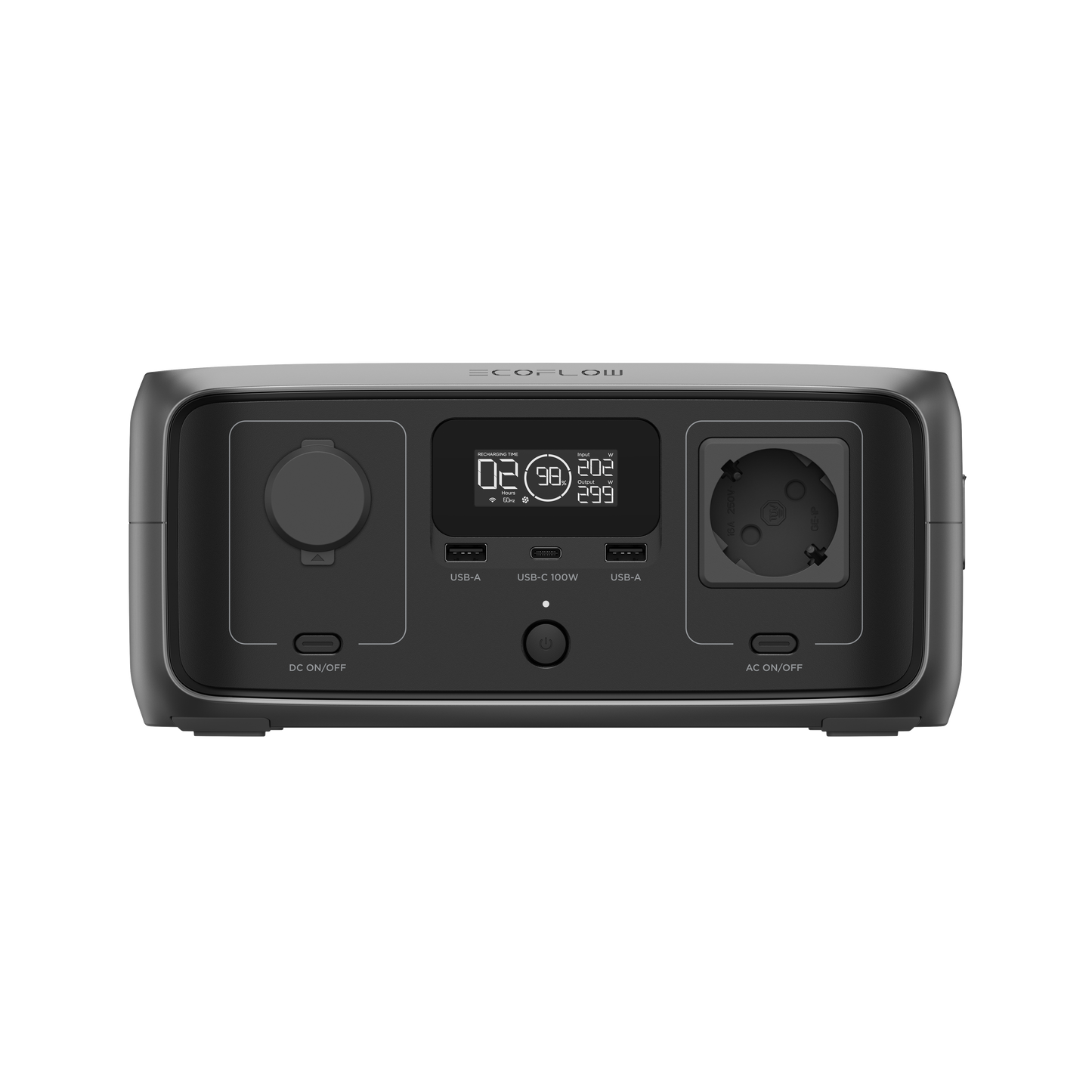 Frontansicht der EcoFlow Powerstation mit Display USB Anschlüssen und AC DC Steuerungstasten
