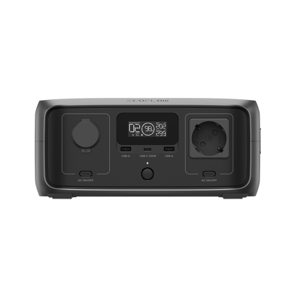 Frontansicht der EcoFlow Powerstation mit Display USB Anschlüssen und AC DC Steuerungstasten