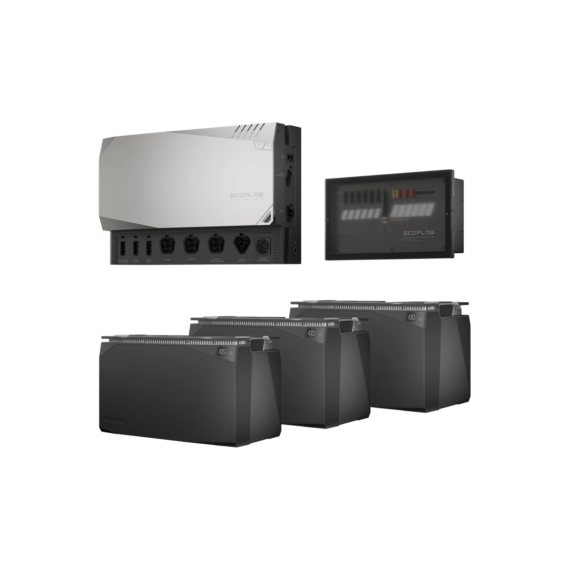 EcoFlow 15kWh Power Kit mit Wechselrichter drei Batterien und schwarzem Schaltschrank