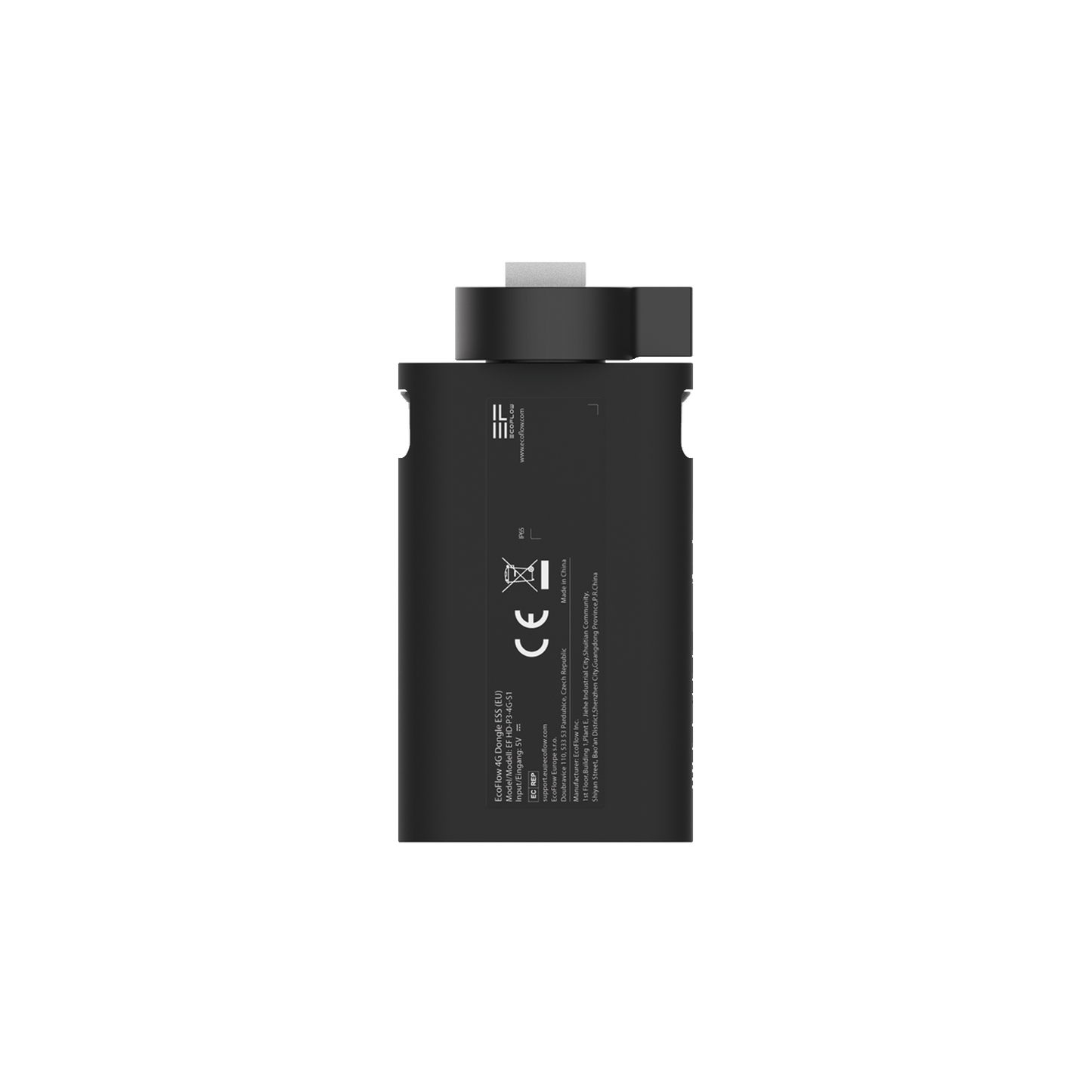 Schwarzes EcoFlow 4G Dongle von der Seite mit Produktinformationen und Zertifizierungen sichtbar