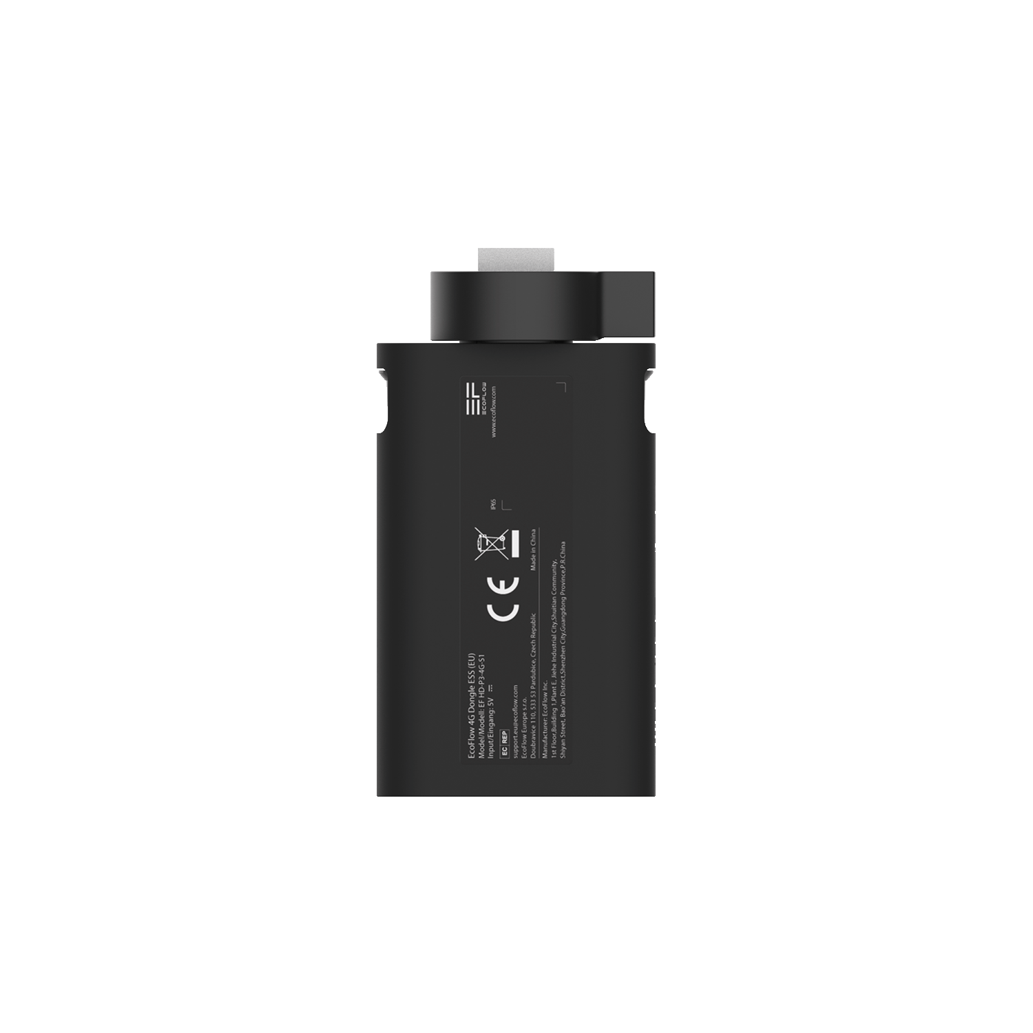 Schwarzes EcoFlow 4G Dongle von der Seite mit Produktinformationen und Zertifizierungen sichtbar