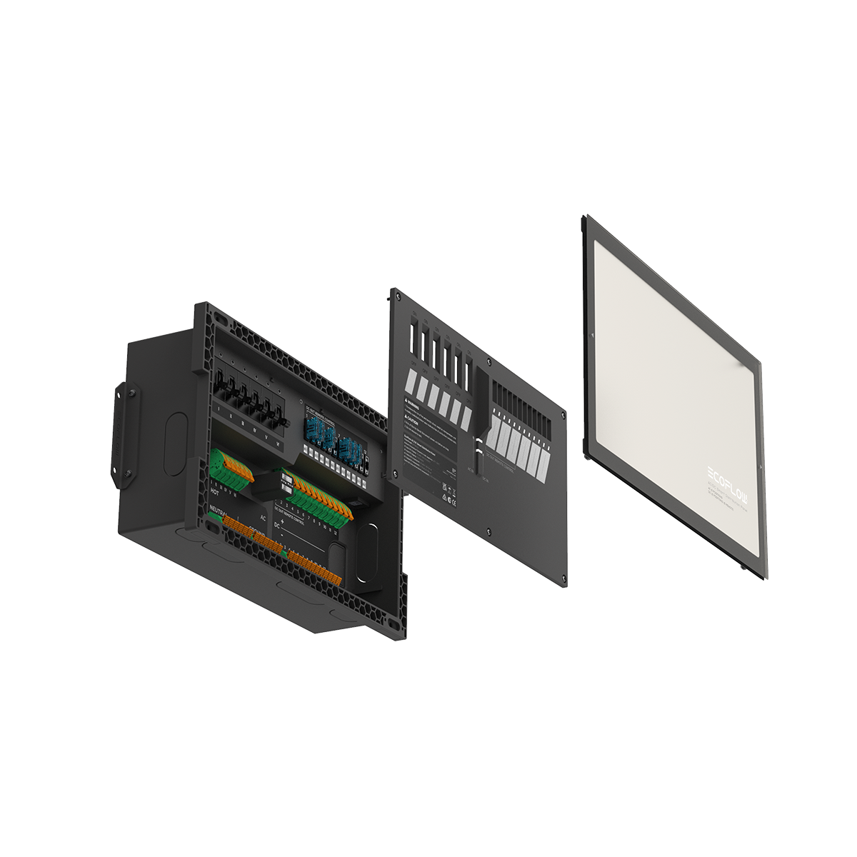 EcoFlow AC DC Verteilungspanel mit Innenleben Abdeckung und beschrifteter Frontplatte