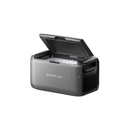 Ecoflow Glacier Classic 35 Liter tragbare Kühlbox mit offenem Deckel und leerem Innenraum in Grau.
