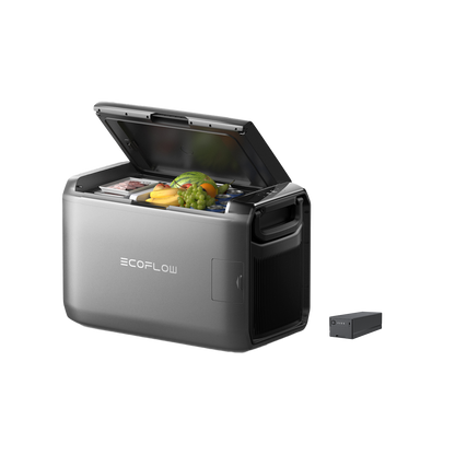 EcoFlow Kühlbox mit frischen Lebensmitteln und separater Batterie für mobile Stromversorgung