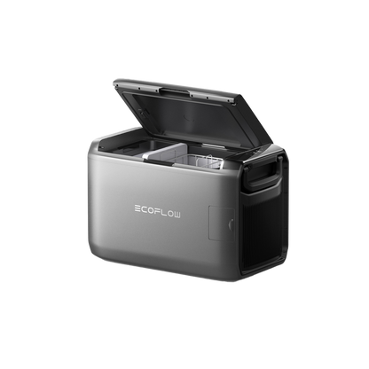 Ecoflow Glacier Classic 45 Liter Kühlbox in Silber mit offenem Deckel und leerem Innenraum.
