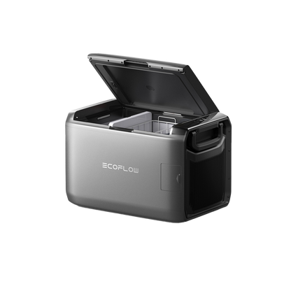 Ecoflow Glacier Classic 55 Liter Kühlbox in Silber mit offenem Deckel und leerem Innenraum.