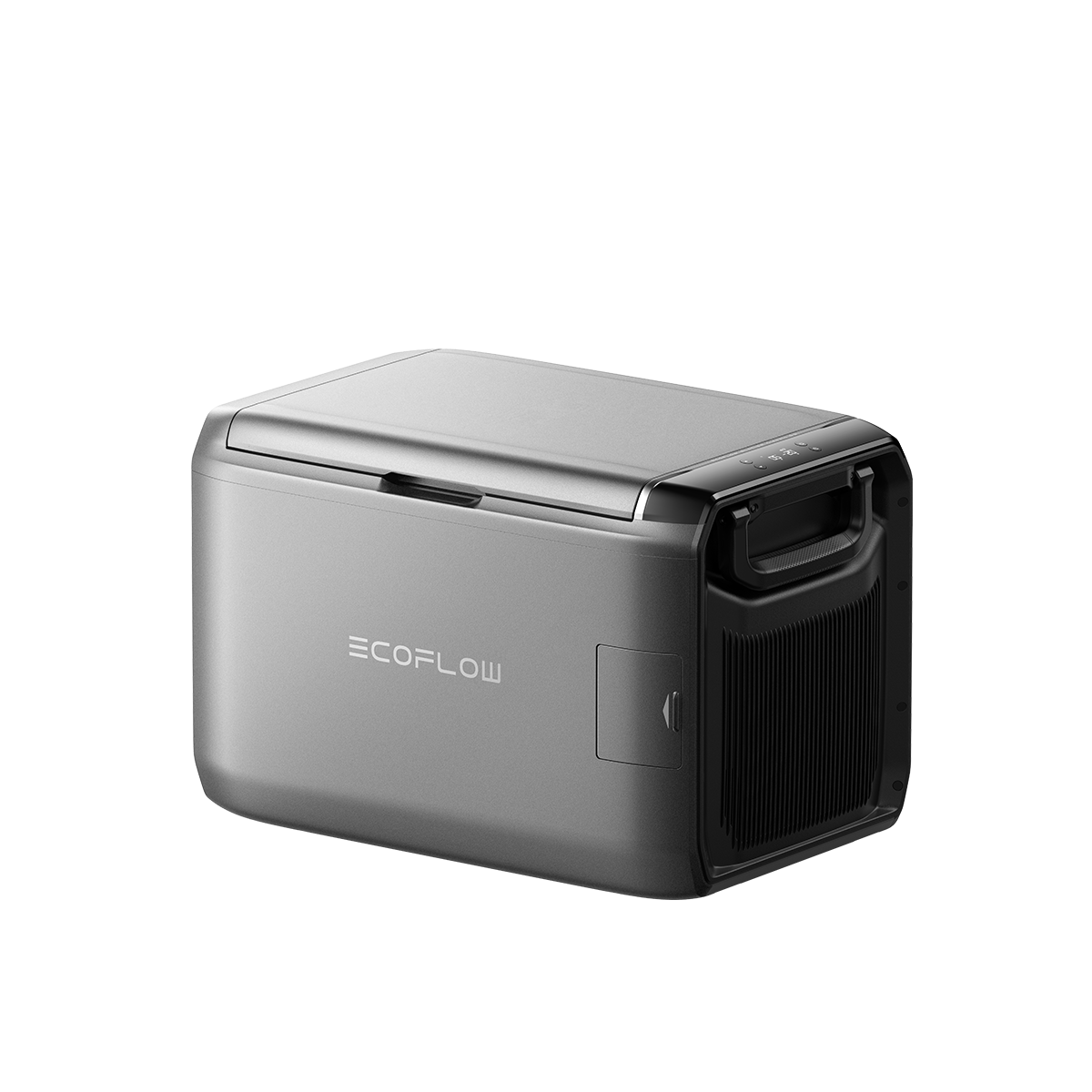 Ecoflow Glacier Classic Kühlbox in silber mit geschlossenem Deckel seitliche Ansicht und Tragegriff sichtbar.