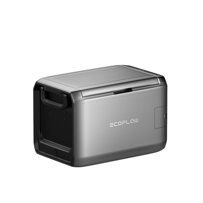 Ecoflow Glacier Classic Kühlbox in silber mit Griff und geschlossener Deckelansicht seitlich fotografiert.