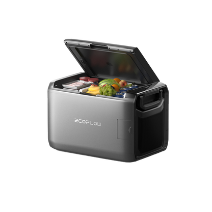 EcoFlow tragbare Kühlbox 55 Liter mit geöffnetem Deckel und frischen Lebensmitteln im Inneren
