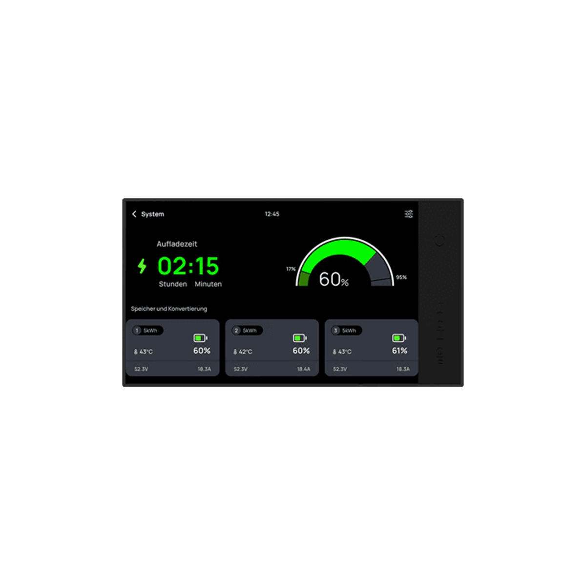 EcoFlow Power Kit Konsole zeigt Ladezeit und Batteriestatus mit drei Akkuständen und Details an