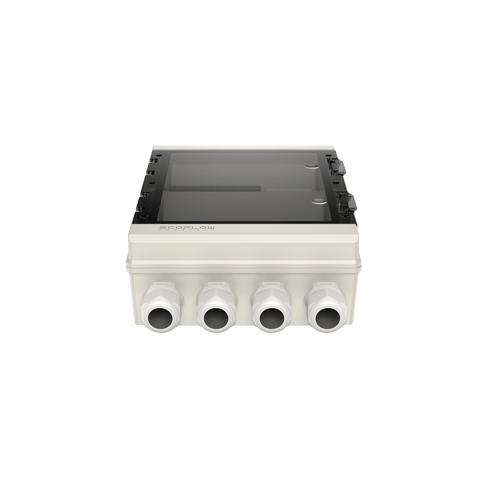 Weiße EcoFlow Powerbox mit vier Kabelanschlüssen und transparentem Schutzdeckel in moderner Ansicht