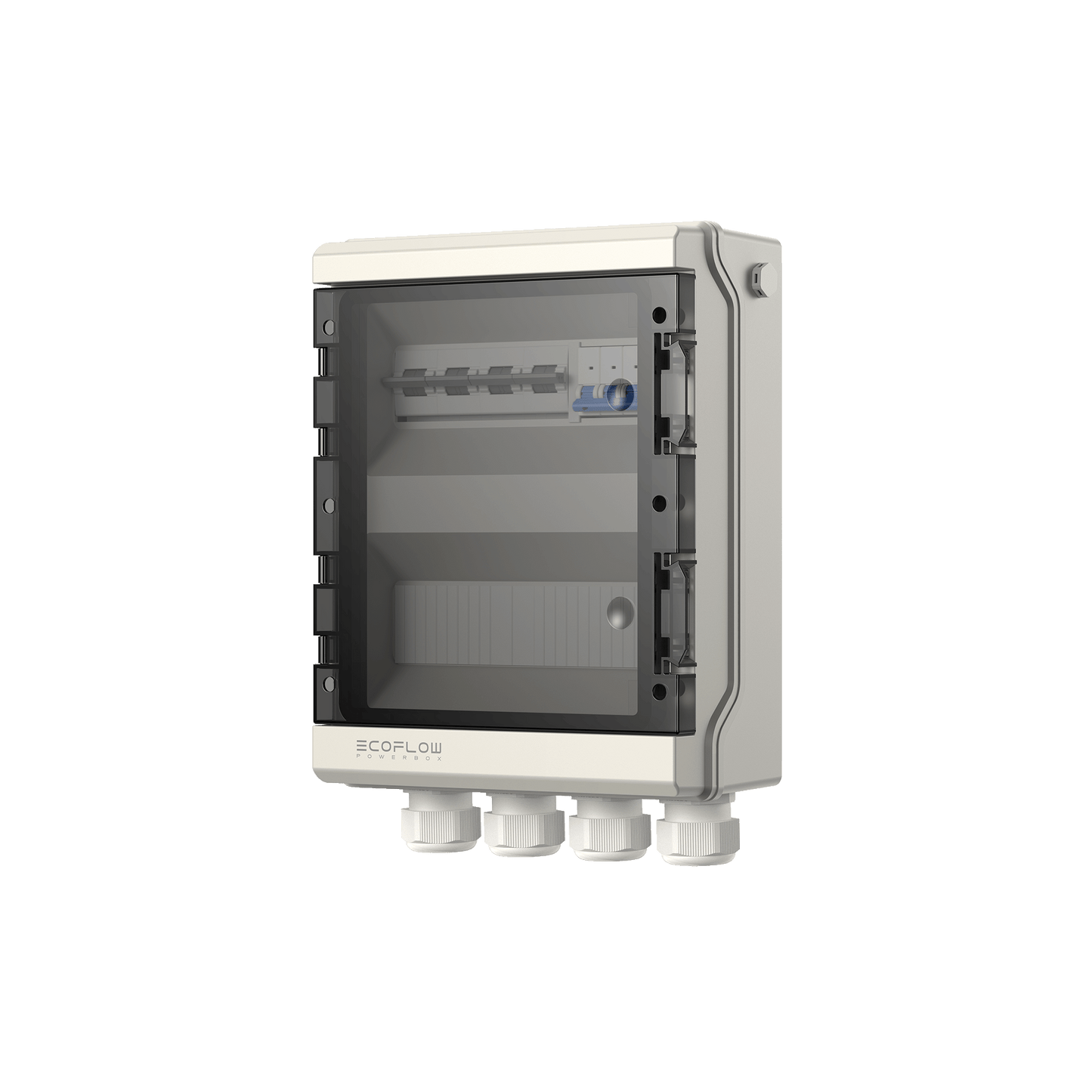 Weiße EcoFlow Powerbox mit transparentem Deckel und Sicherungsschaltern in seitlicher Ansicht