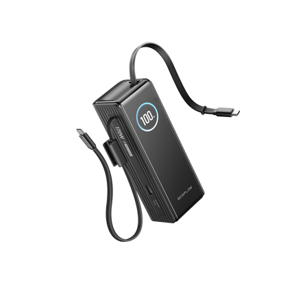 EcoFlow Rapid 25K Powerbank mit Display, USB Anschlüssen und zwei angeschlossenen Kabeln