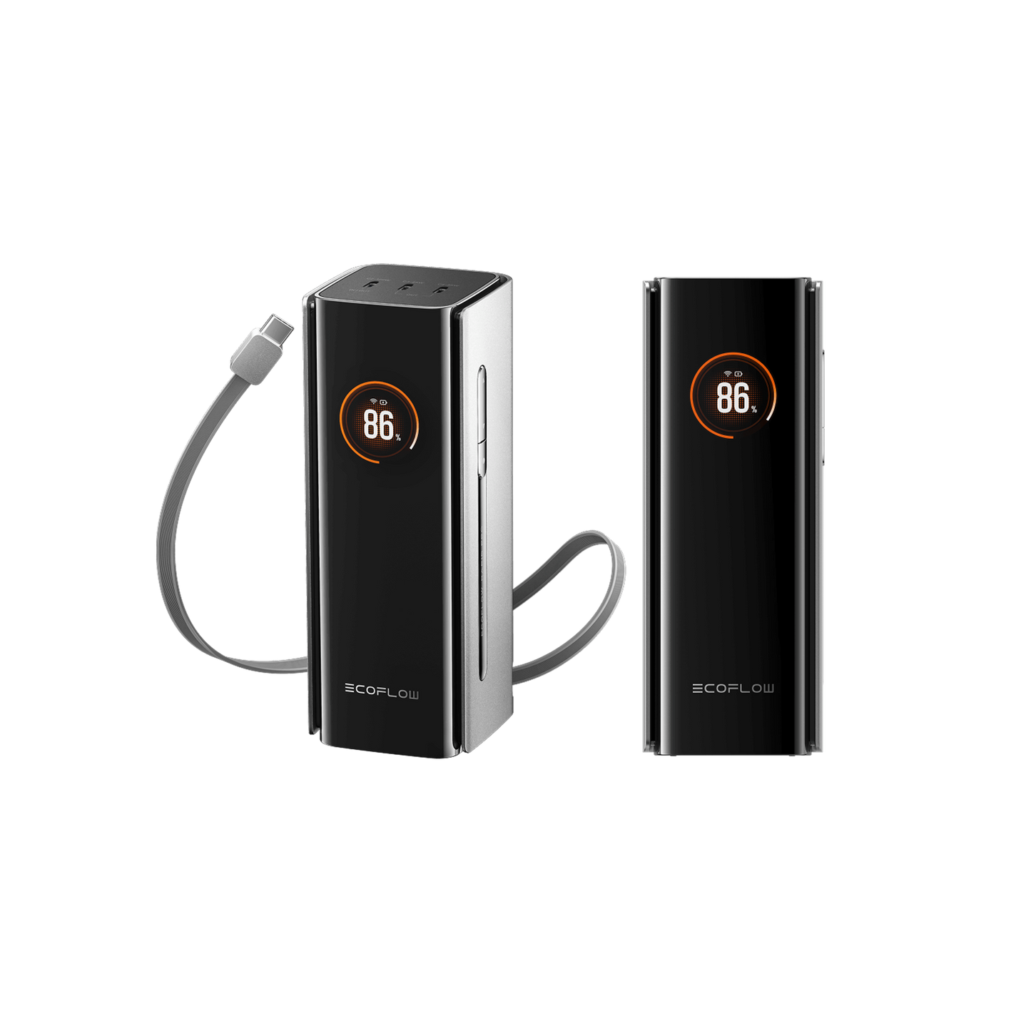 Zwei EcoFlow Rapid Pro 27K Powerbanks mit 86 Prozent Anzeige und einem angeschlossenen Kabel