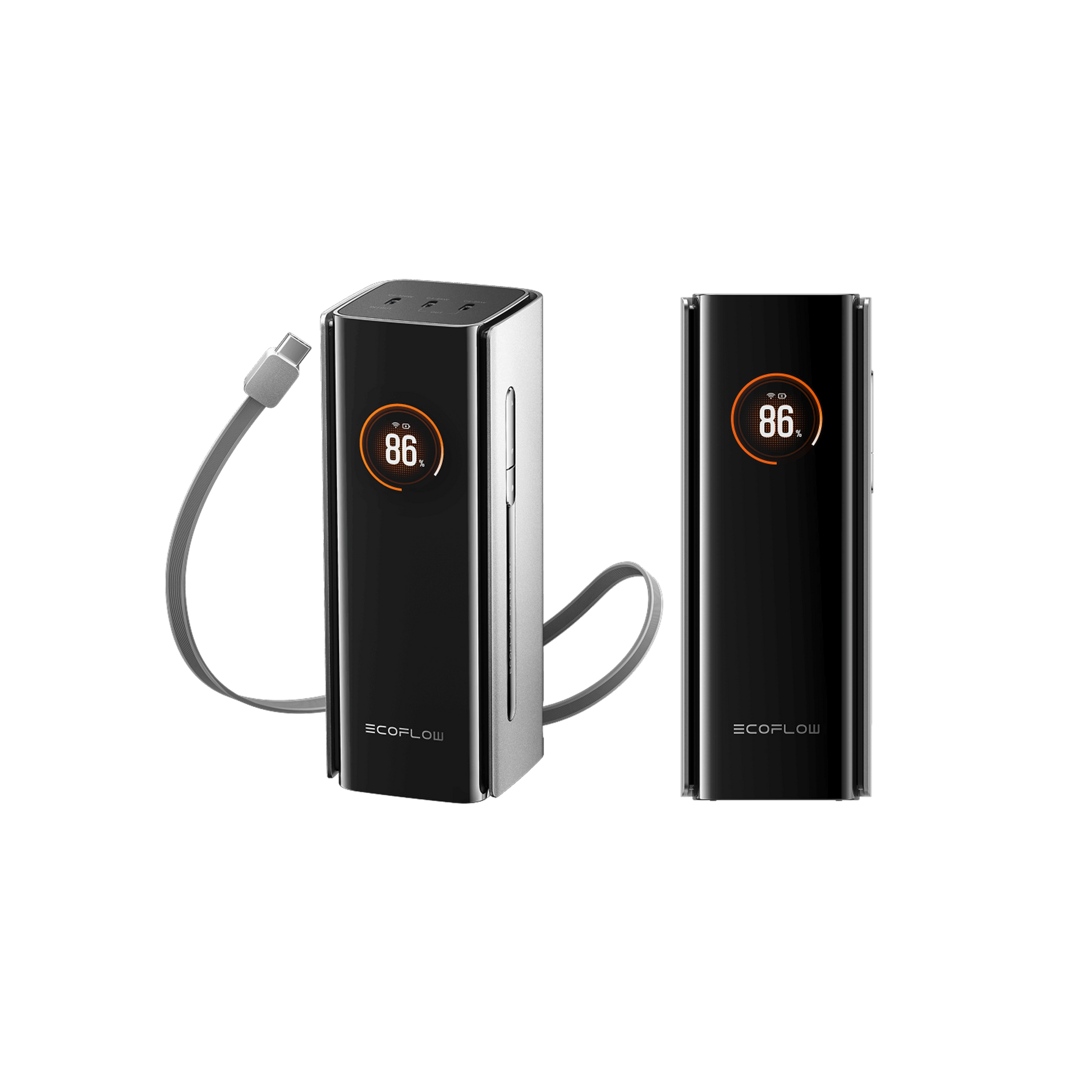 Zwei EcoFlow Rapid Pro 27K Powerbanks mit 86 Prozent Anzeige und einem angeschlossenen Kabel