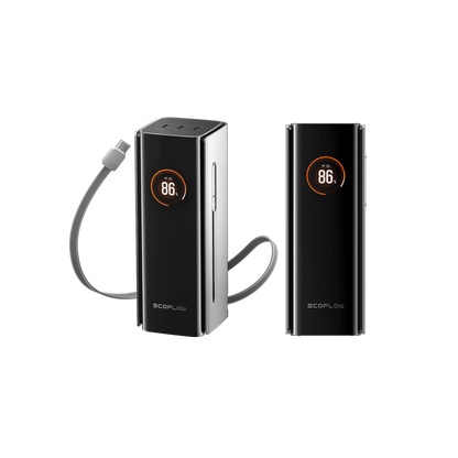 Zwei EcoFlow Rapid Pro 27K Powerbanks mit 86 Prozent Anzeige und einem angeschlossenen Kabel