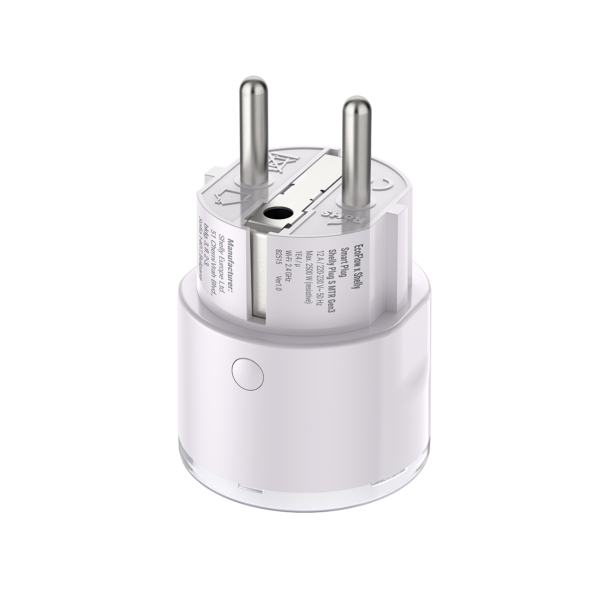Weißer EcoFlow Smart Plug 2 WLAN-Stecker mit zwei Metallstiften für smarte Steuerung zuhause