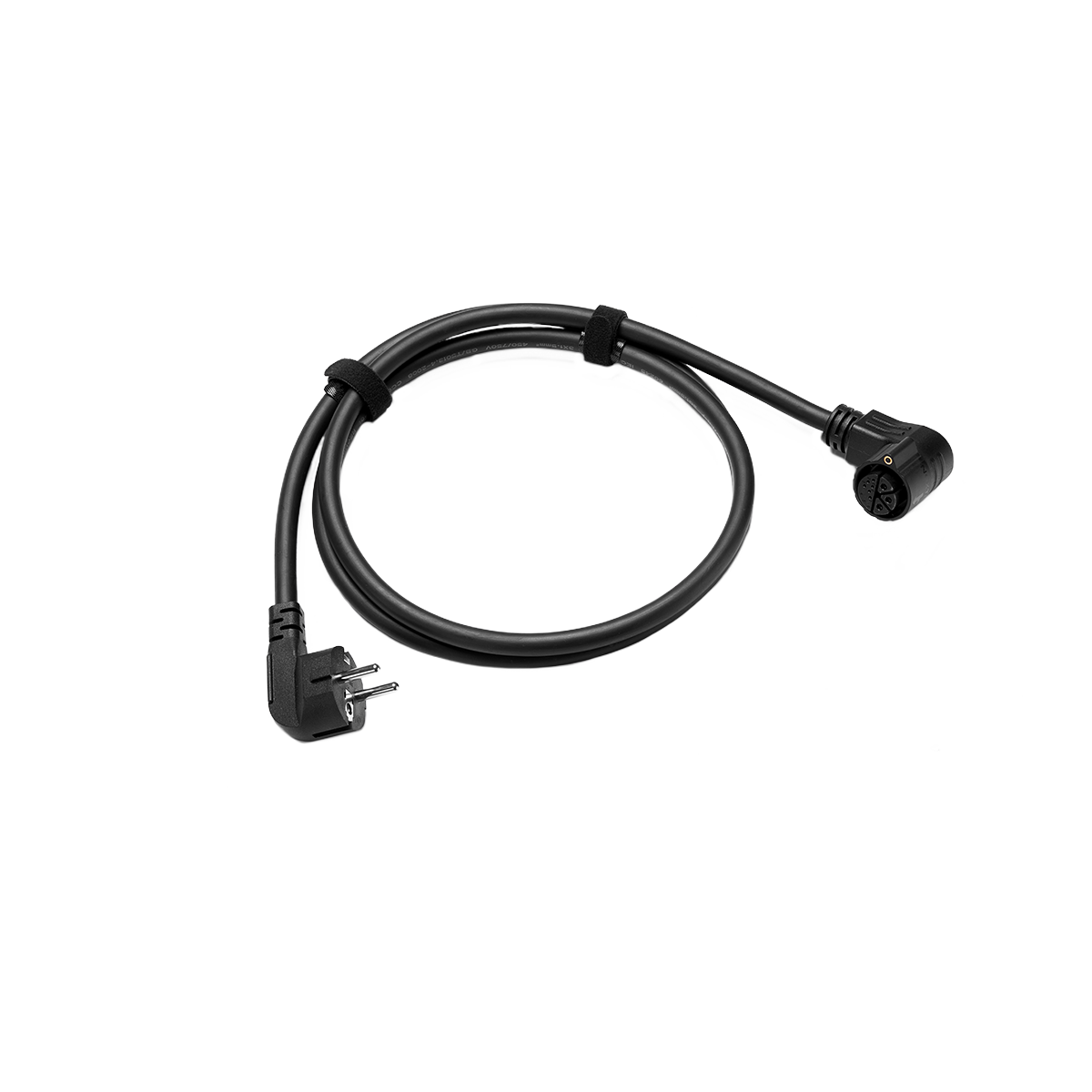 Schwarzes 1,5 Meter langes EcoFlow AC Kabel mit Winkelstecker und Klettverschlüssen