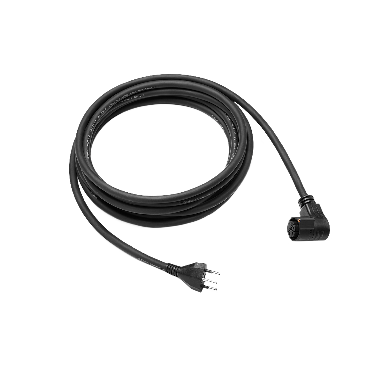Schwarzes 5 Meter langes EcoFlow AC Kabel mit Winkelstecker und Dreipolanschluss