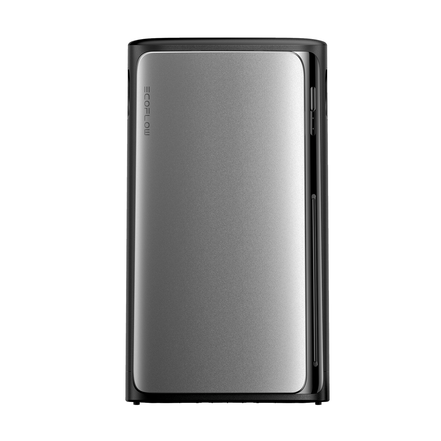 Rechteckige EcoFlow Batterie mit silberner Front und vertikalem Logo auf der Seite