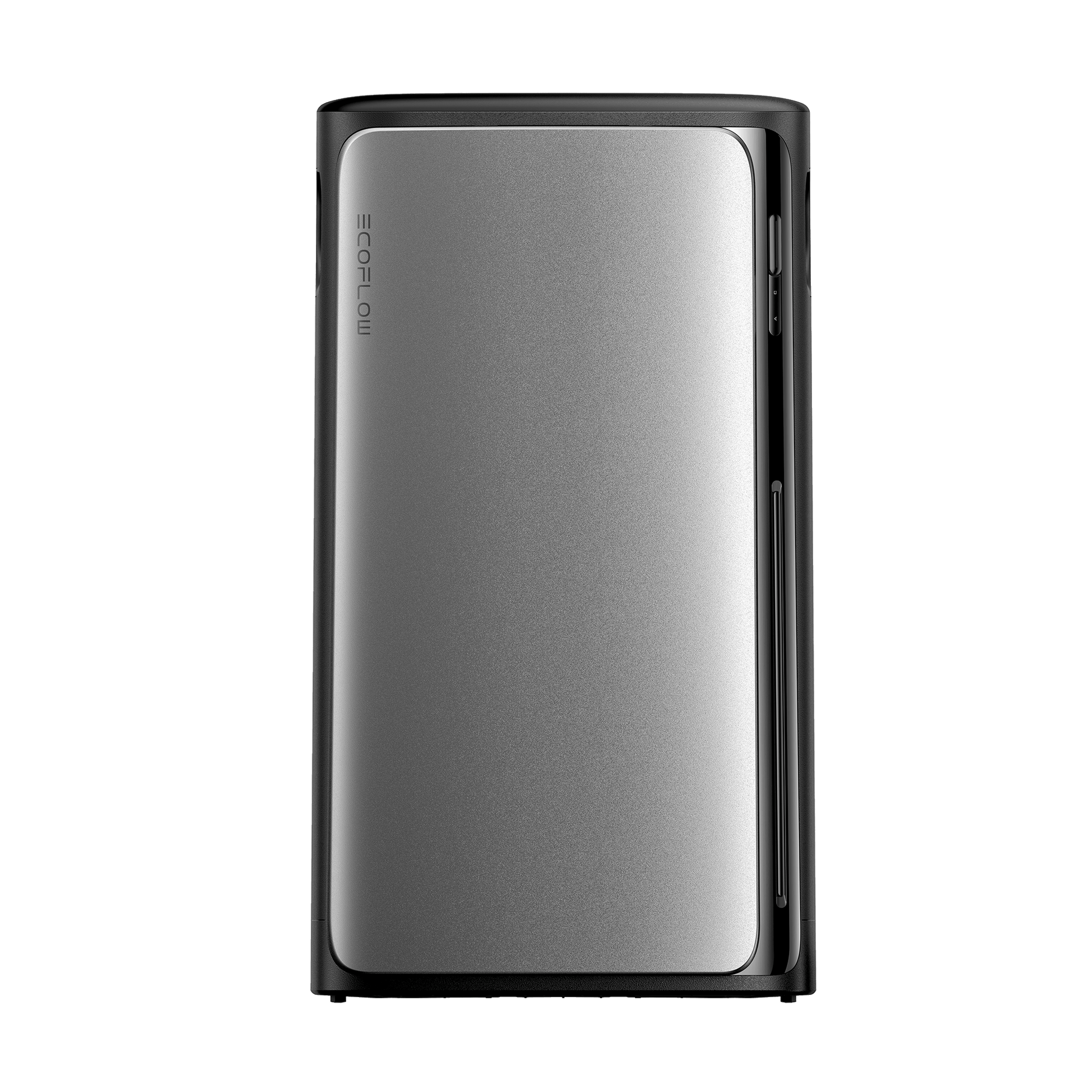 Rechteckige EcoFlow Batterie mit silberner Front und vertikalem Logo auf der Seite