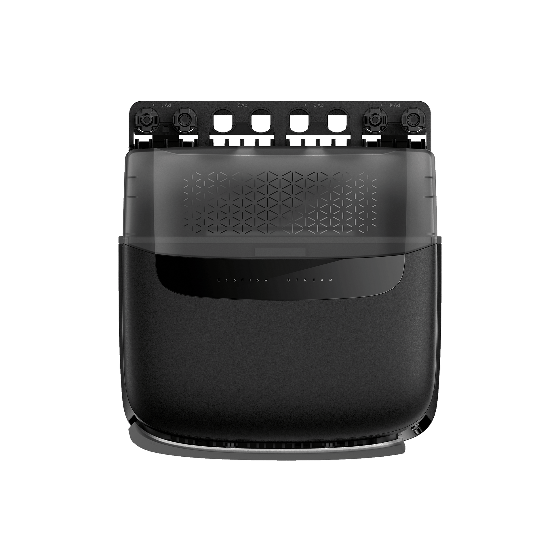 EcoFlow Stream Batterie mit schwarzem Gehäuse und transparentem Deckel mit Muster