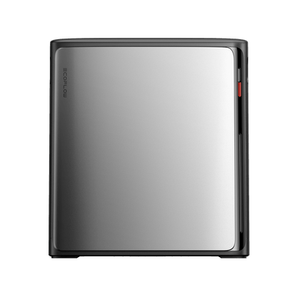 Silberne EcoFlow Batterieeinheit in quadratischer Form mit schwarzem Rahmen