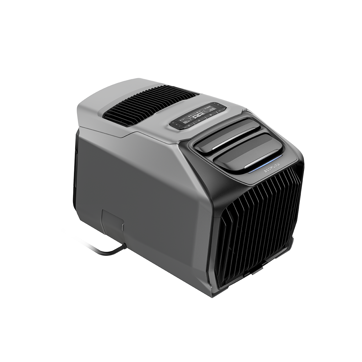 EcoFlow Wave 3 Luftkühler mit Bedienfeld und Lüftungsgitter in grauer Farbe seitlich dargestellt.