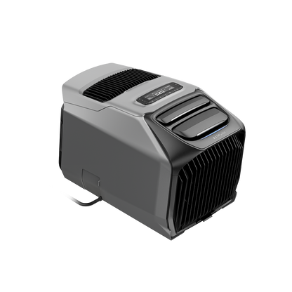EcoFlow Wave 3 Luftkühler mit Bedienfeld und Lüftungsgitter in grauer Farbe seitlich dargestellt.