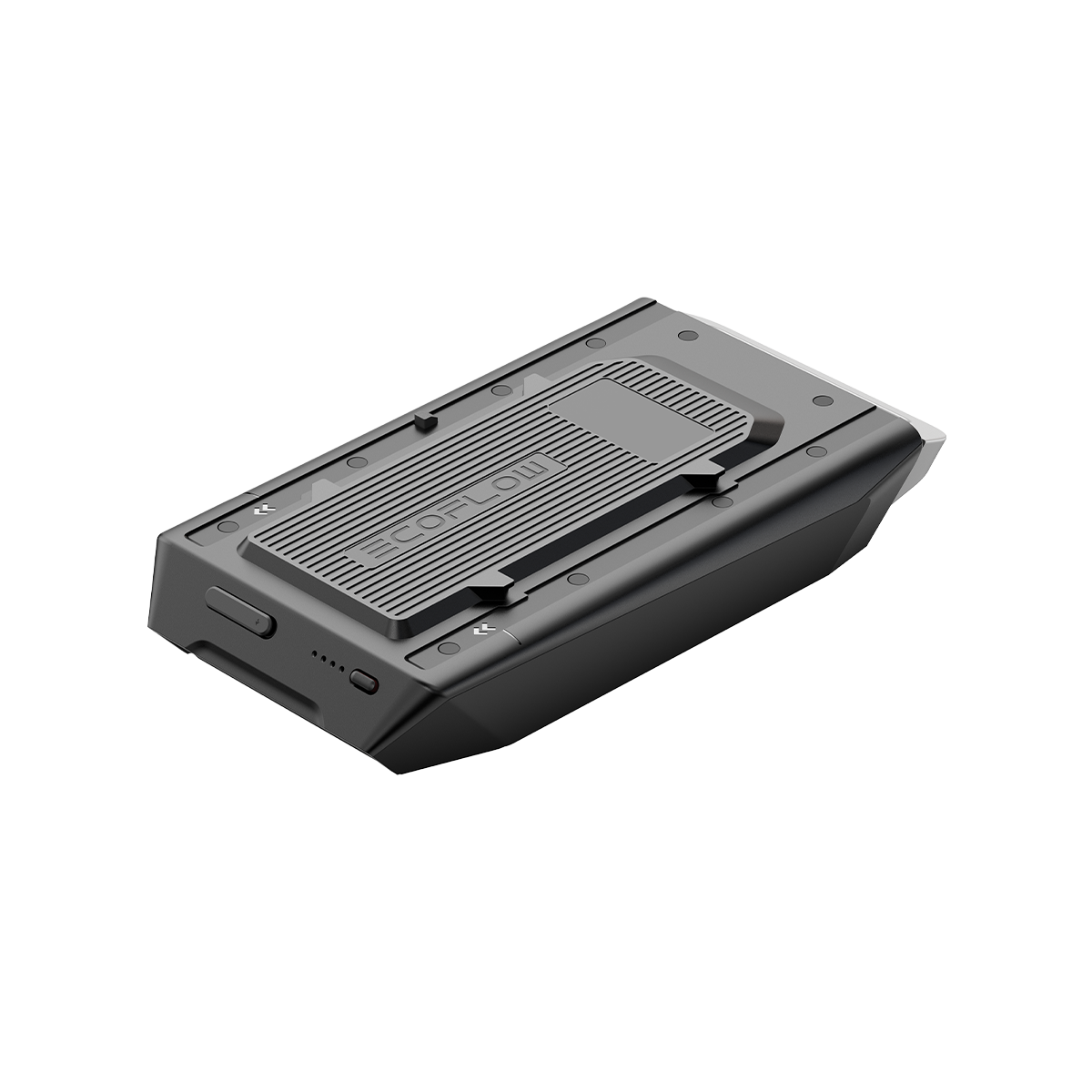 EcoFlow Wave 2 Zusatzakku schräg mit EcoFlow Schriftzug und Status-LEDs auf schwarzem Gehäuse.
