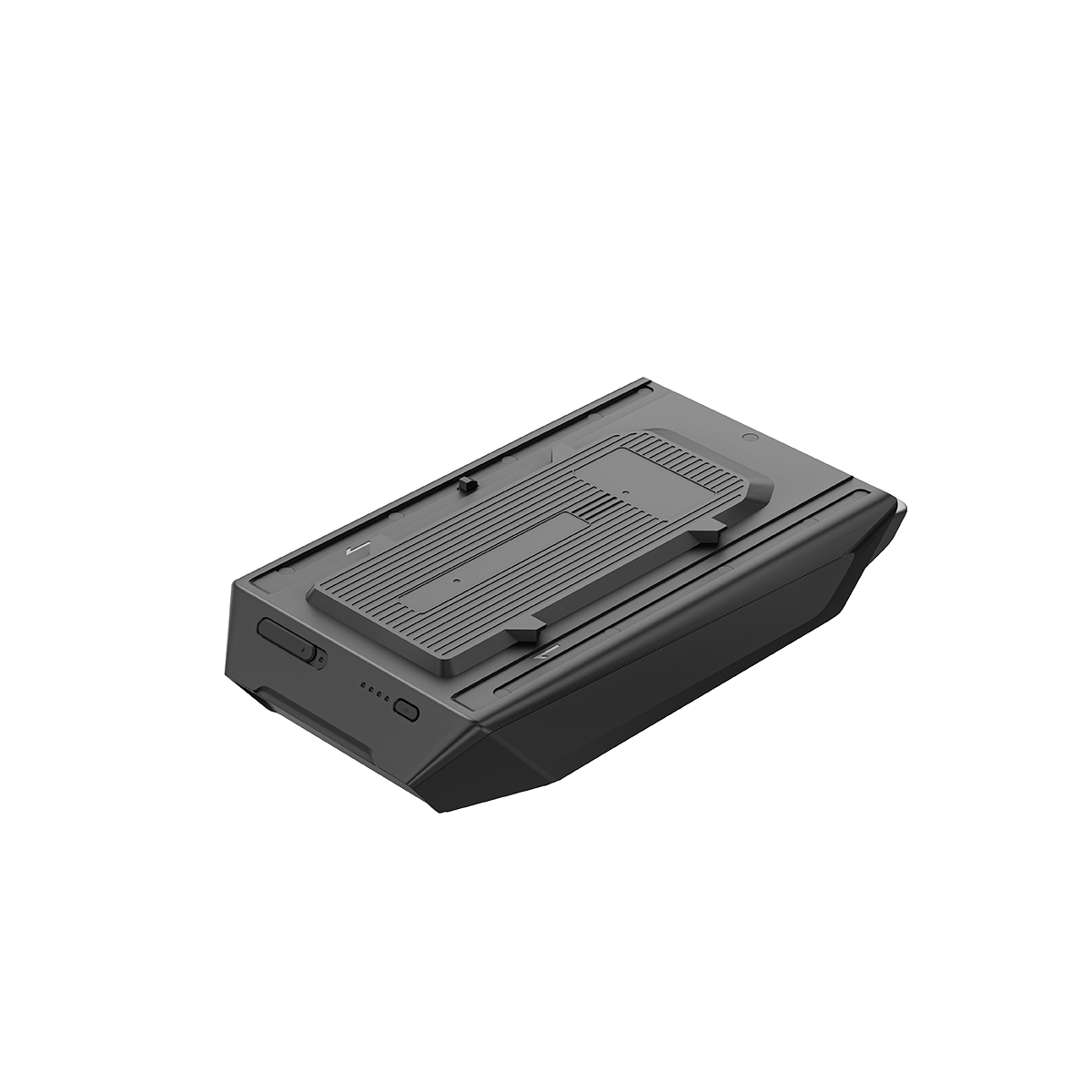 Ecoflow Wave3 Zusatzakku in schräger Ansicht mit Bedienknöpfen und Ladeanzeige im schwarzen Design.