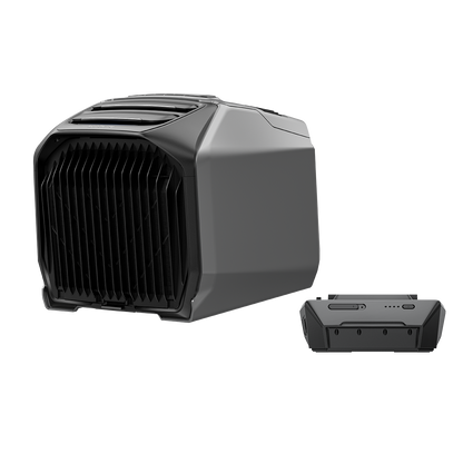 EcoFlow Wave 3 mit Zusatzakku nebeneinander auf weißem Hintergrund in 3D-Perspektive dargestellt.